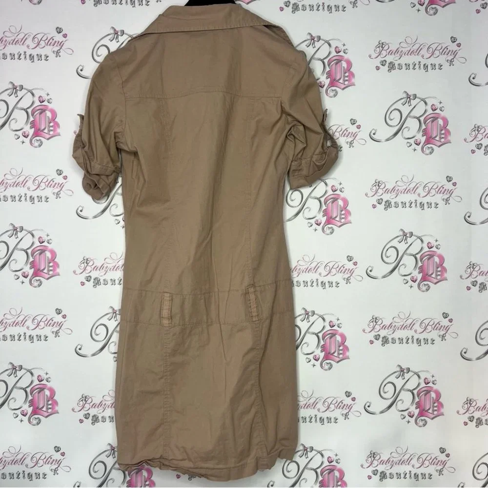 Seduction dress cargo style belt buckle loops snap closure buttons tan military - Picture 5 of 5